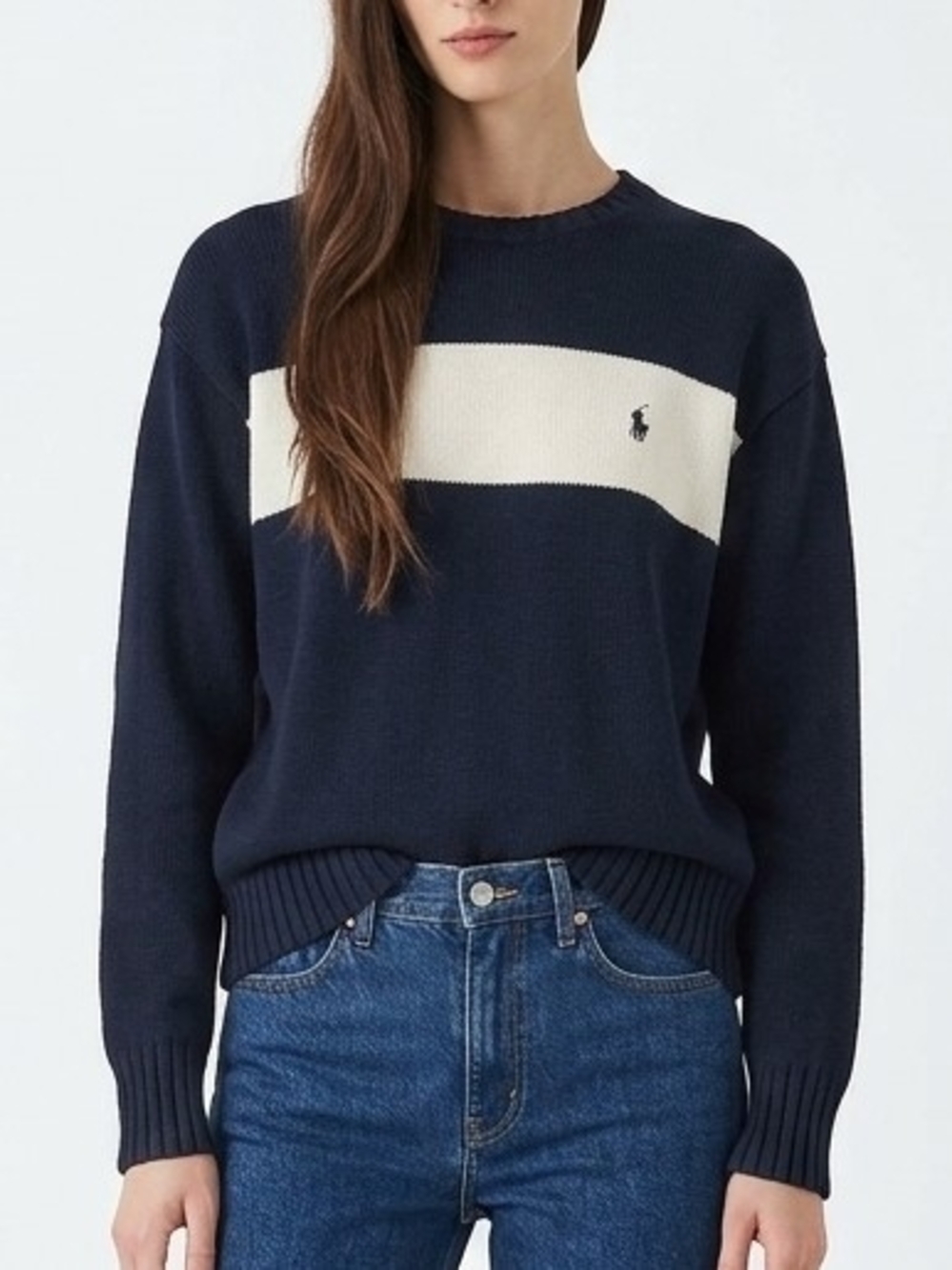 Vintage Polo by Ralph Lauren Varsity Striped Knit Sweater In Navy/Ivory - XXL